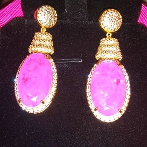 14kt Gold Over 925 St.Silver Natural Hot Pink Tourmaline & Pave Diamond Earrings
